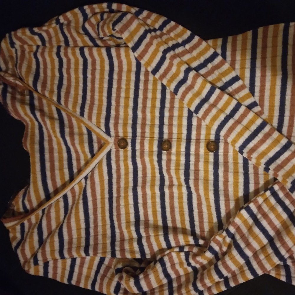 Striped V-neck Button Long sleeve